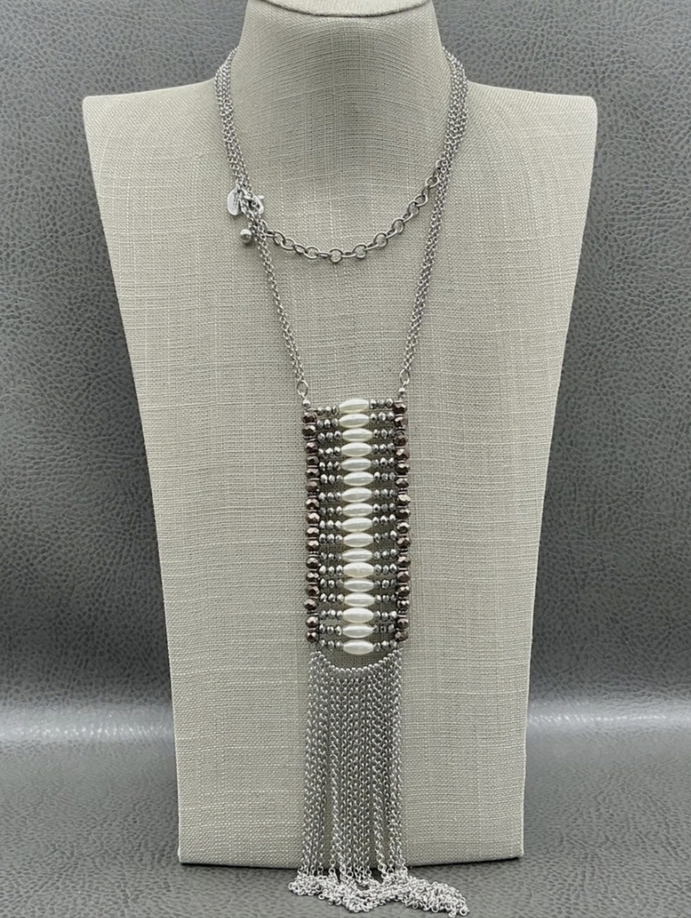 Chico's Silver Multi-Bead Fringe Pendant Necklace